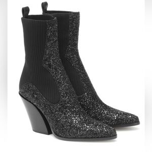 Jimmy Choo Mele Glitter 85 Western Stretch Knit Block Heel Ankle Boots Black 39